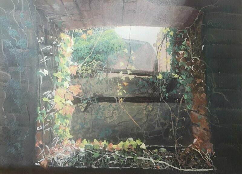 Old stone steps covered in ivy with light flooding in