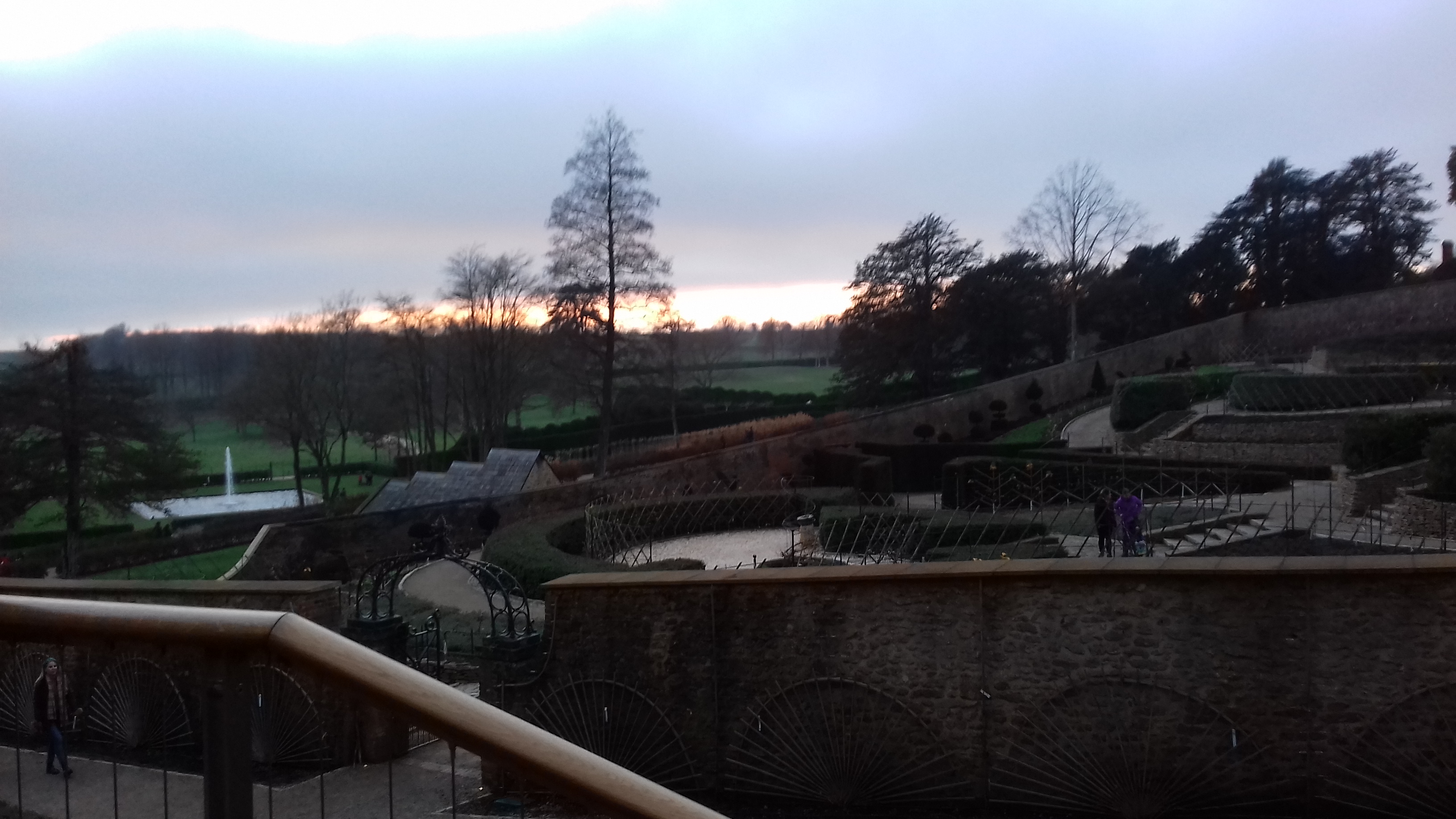 Views at dusk with trees and fountains