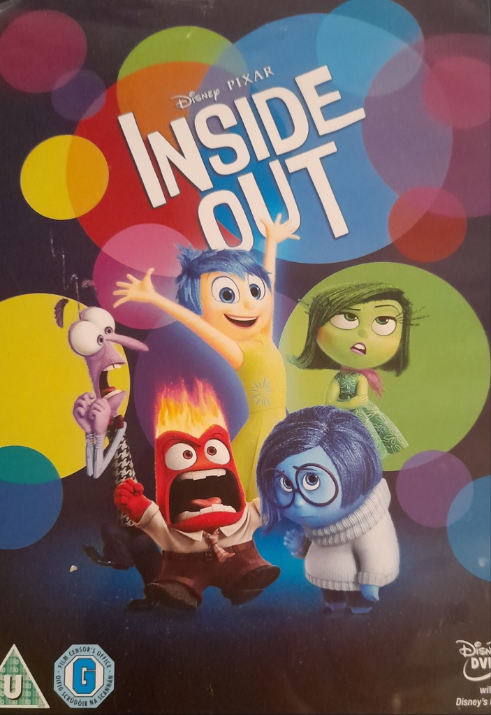 DVD case with words "Inside Out" and 5 colourful characters representing 5 emotions.