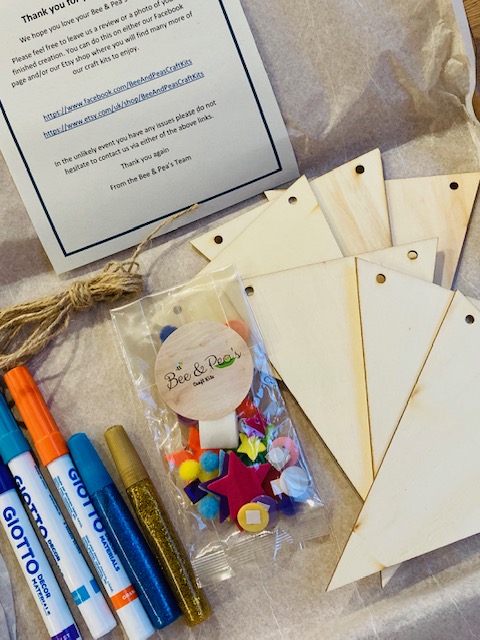 Wooden bunting craft kit with sequins pens and glitter glue