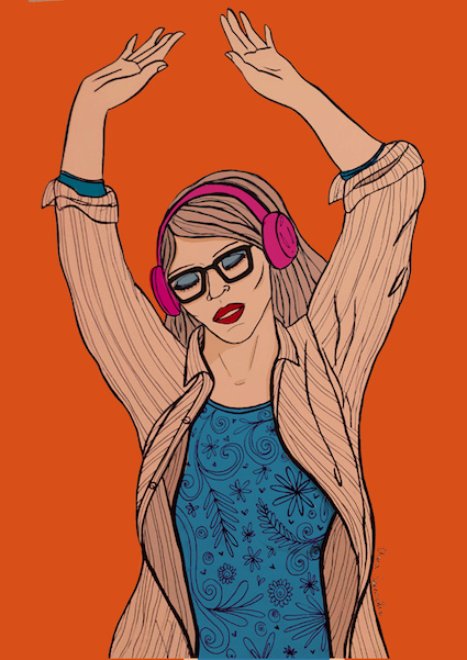 A girl with headphones eyes closed listening to music, blue top and orange background
