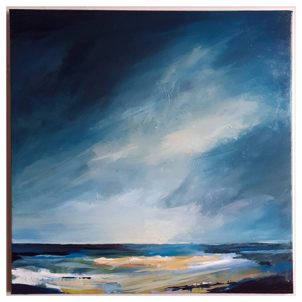 An painting of a very gloomy and dark sky but lighter areas nearer the ocean below.