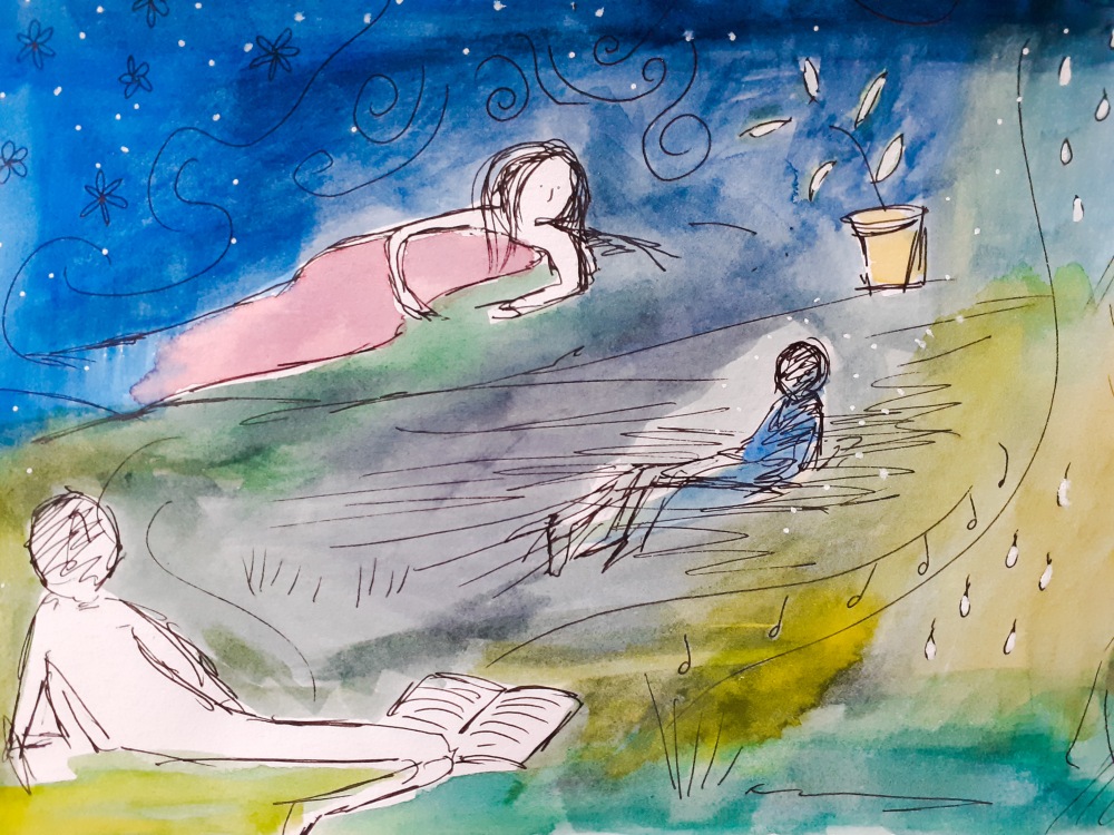 A dreamy watercolour painting with floaty people in the style of Marc Chagall