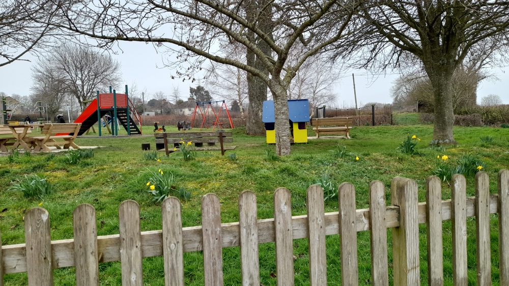 A fence in the foreground with primary coloured play equipment and yellow daffodils