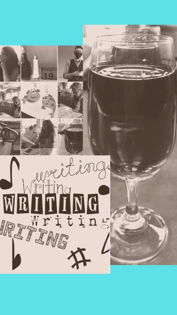 a photo collage of wine and LLS members eating together at Palmers Fish and Chip restaurant, Yeovil