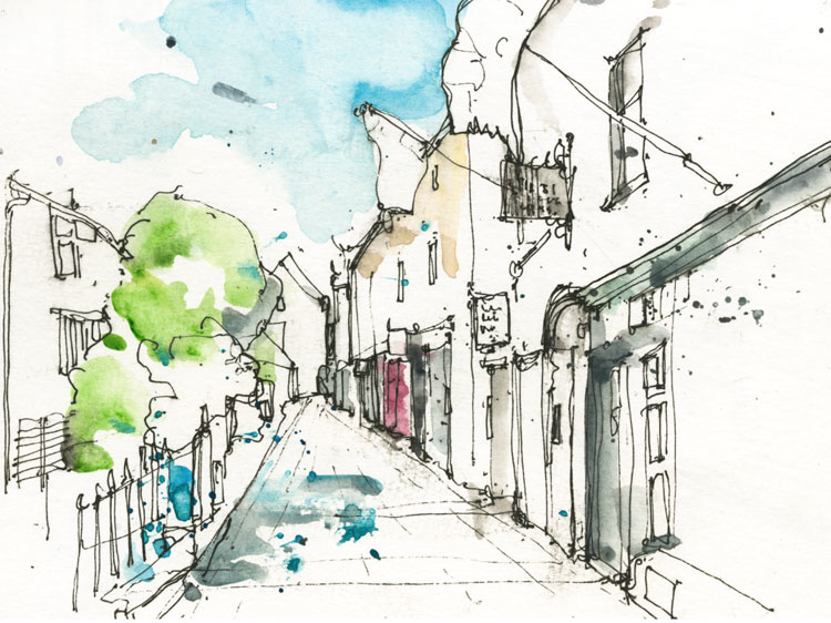 A street points ahead flanked by buildings in ink with splashes of green on the trees and blue in the sky