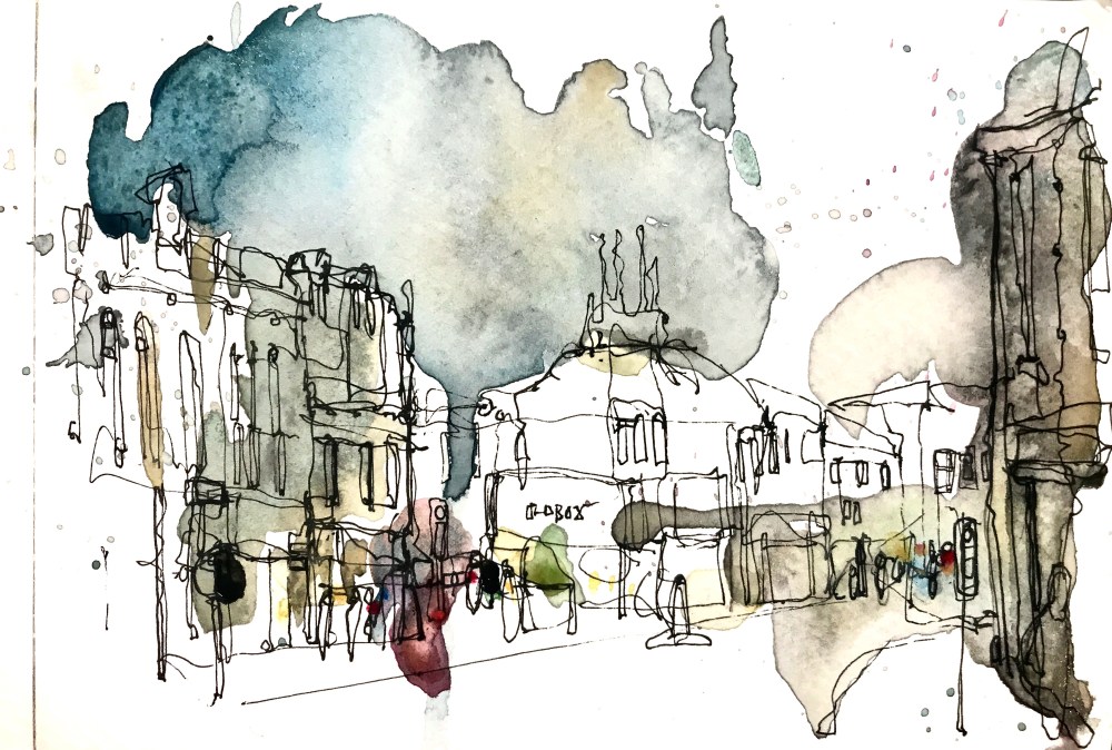 An ink drawing of a line of historic buildings with subtle blue, grey and brown tones