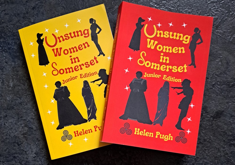 Red book cover and yellow book cover with 5 female silhouettes. Title says Unsung women in Somerset Junior Edition.